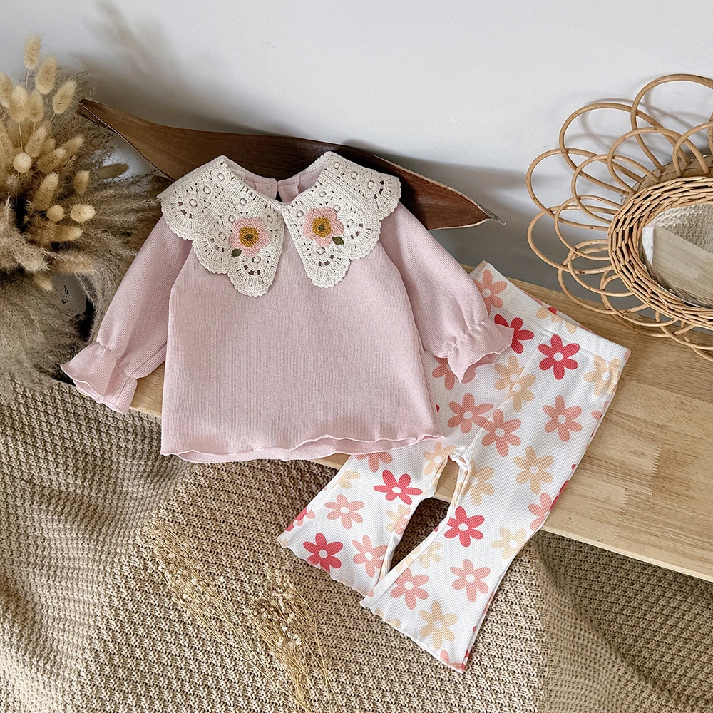Girls Baby 2Pcs Long Sleeve Pullover Tops+Floral Pants Children Clothes Sets Crochet Floral Doll Collar Kids Shirt Pants Suit