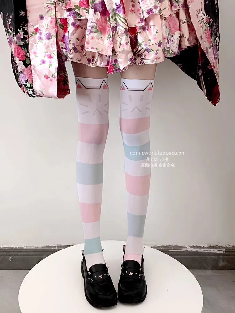 NEEDY GIRL OVERDOSE KAngel Cosplay Cat Strip Thigh Socks Over Knee Thigh High Stockings Summer Lolita Long Socks