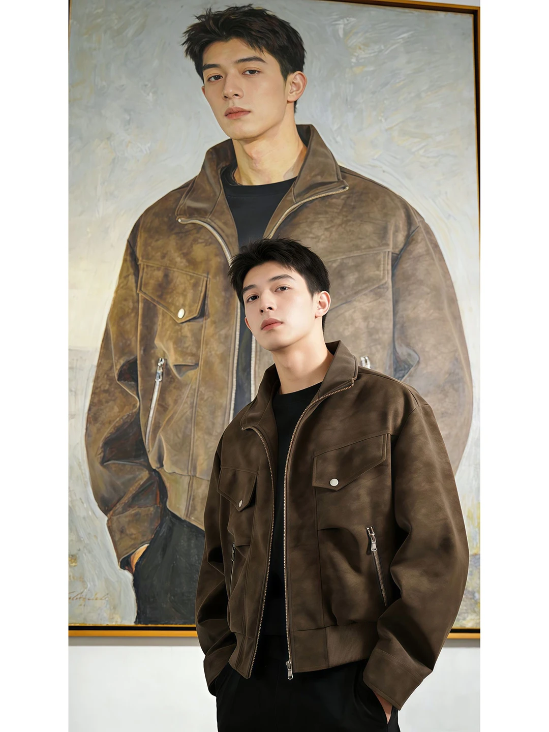 

Café Brown Men's Spring Autumn New Style Flight Jacket Tie Dye Short Stand Collar Leather Shirt American High Street Workwear...