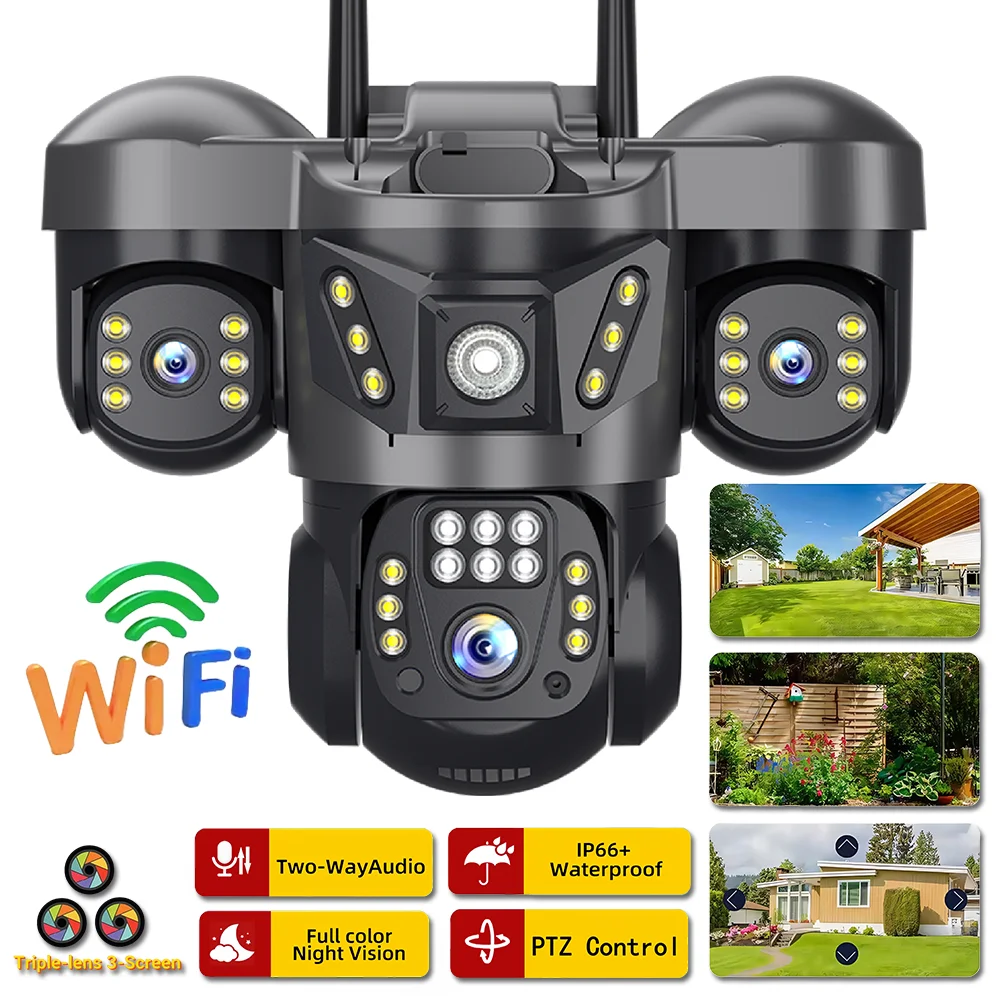 

15MP WiFi IP Camera Outdoor Triple Lens Triple Screens Security Video Monitor Night Vision Waterproof PTZ CCTV V380 Pro Camaras
