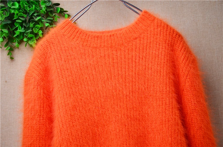 Women Mujer Autumn Winter Clothing Orange Hairy Mink Cashmere Knitted Irregular O-Neck Long Sleeves Loose Pullover Sweater Pull