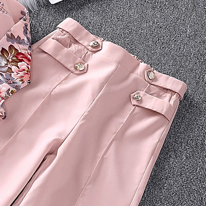 2 Pcs Kids Casual Clothing Sets Outfits for Girls 2023 New Autumn Children Fashion Pink Floral Print Tops Long Pant Sets 7-14Y