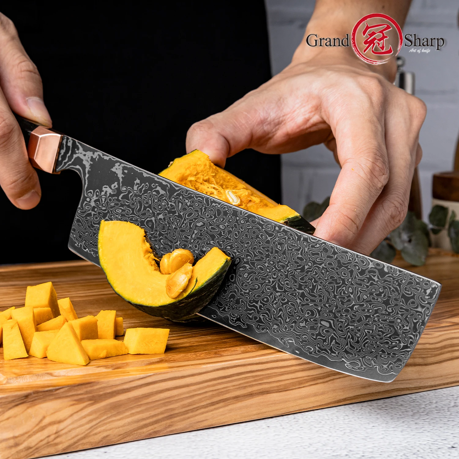 Cuchillo Grandsharp Nakiri de 6,7 ", cuchillo de cocina de Chef de acero damasco de 67 capas, refuerzo de cobre con núcleo 10CR15COMOV + mango de fibra de carbono