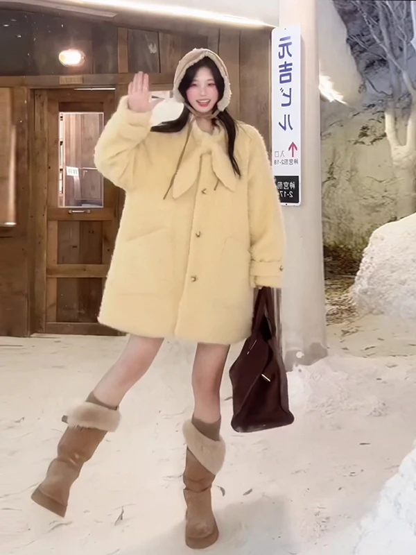 

Lamb Fur Trimmed Woolen Coat Women's Small Size Mid-Length Outerwear Sweet Cute Warm Sle Autumn Winter Coat Korean Version ...