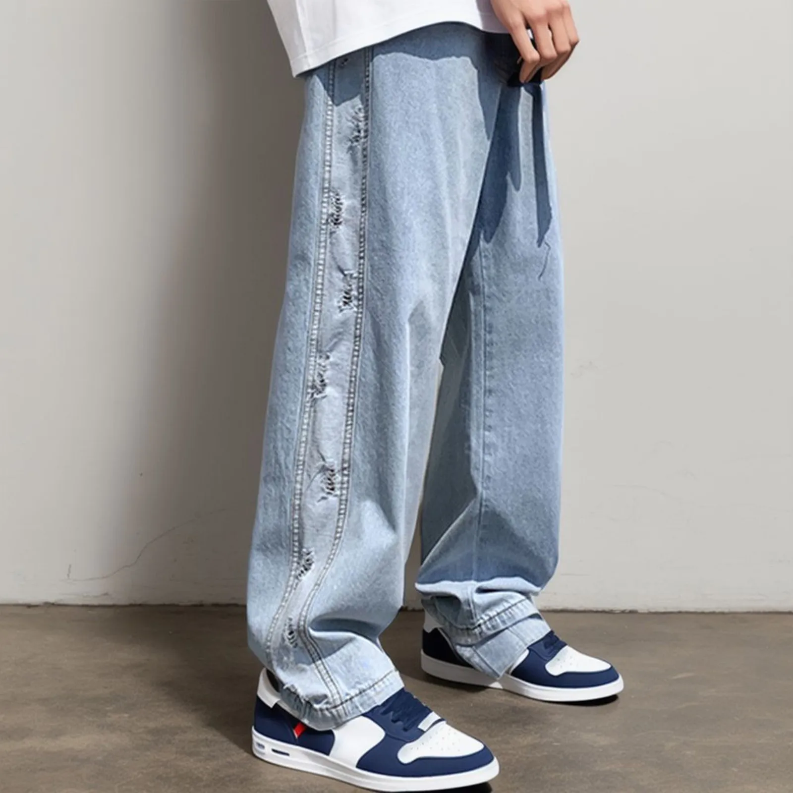 

Men's 2024 Fashion Side Hole Breaking Design Jeans High Street Hip Hop Wide Leg Denim Pants Casual Loose Straight Plus Size Pant