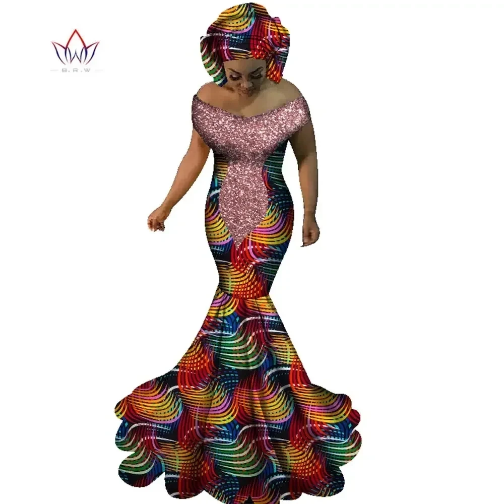 BRW African Dresses for Women Sexy Slash Neck Long Dresses Bazin Riche African Print Mermaid Clothing Plus Size 6XL WY1860