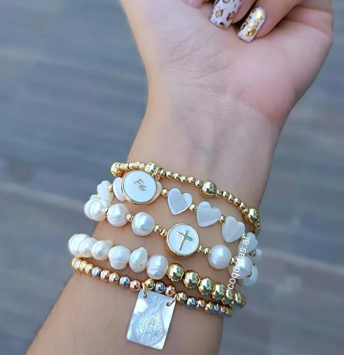 

Fashion freshwater pearl heart cross bracelet set , pearl shell virgin bracelets wholesale for party