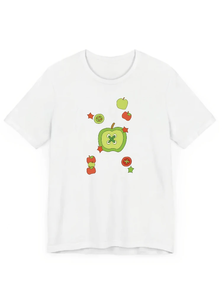 2026 Women'S White Apple Print T-Shirt with Green Apple Red Button Detail - Cute Fruit Pattern Short Sleeve Round Neck Blouse