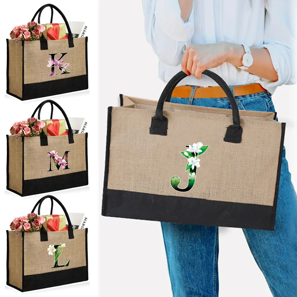 2025 New Burlap Tote Bag Large Capacity Shopping Bag Travel Storage Bag Women Linen Shopping Handbag Flower Color Series