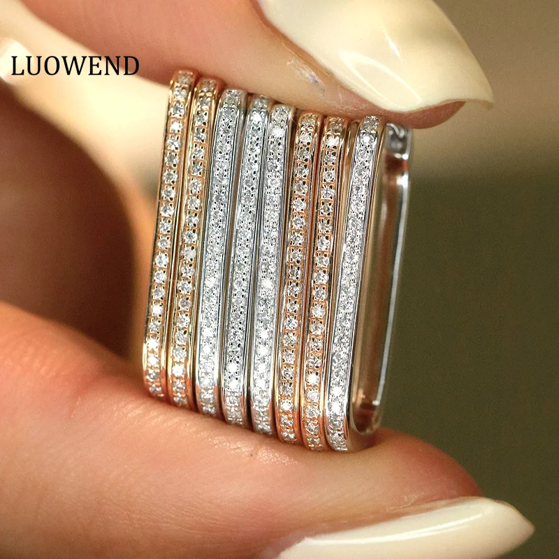 LUOWEND 100% 18K White or Rose Gold Earrings Fashion INS Style Square Hoop Earrings Real Natural Diamond Earrings for Women