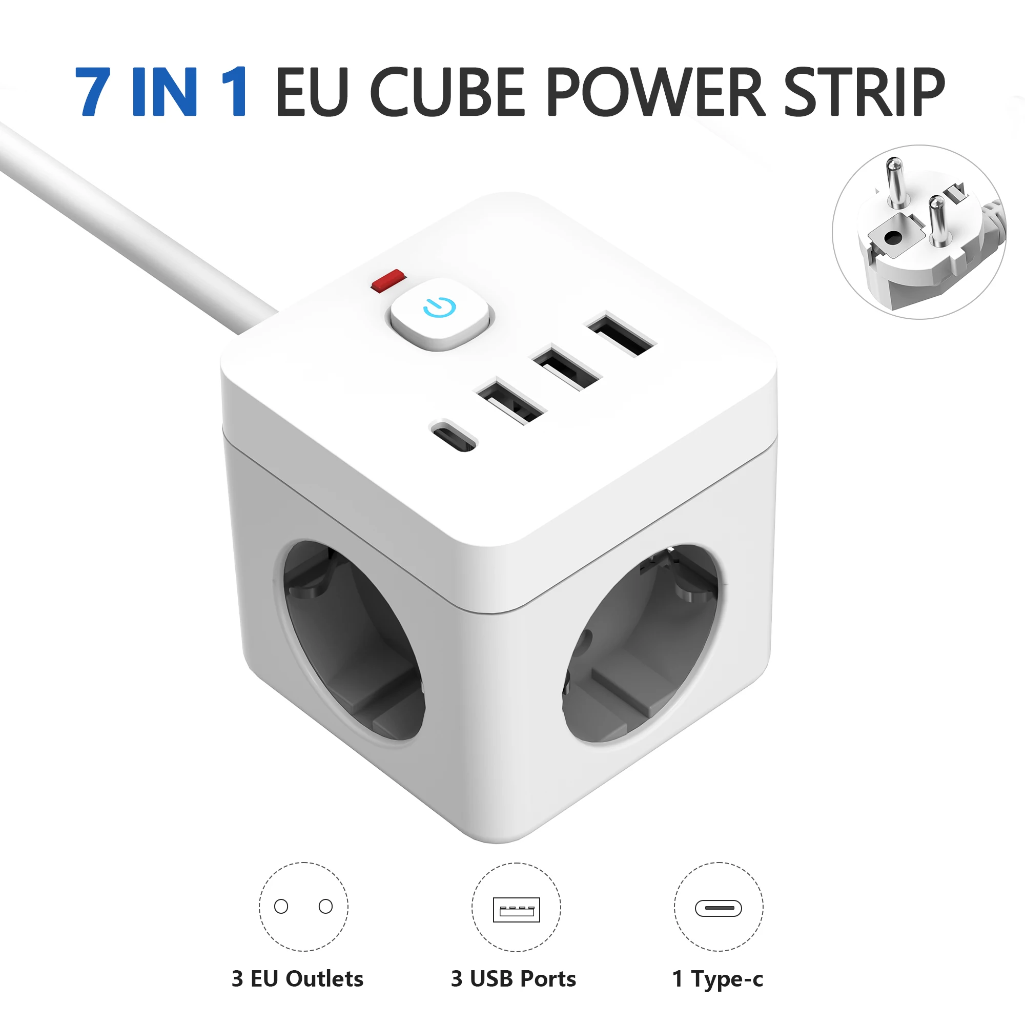 7-in-1 EU Power Strip, Power Strip Surge Protector, 3 AC Outlets 3 USB 1 Type-C, Desktop Charging Station With Overload Protecti