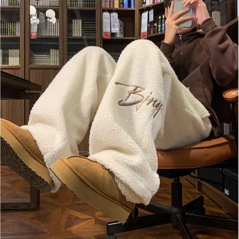 

420 г шерсти ягненка с толстой вышивкой, прямые брюки для мужских повседневных спортивных брюк на осень и зиму, базовый стиль