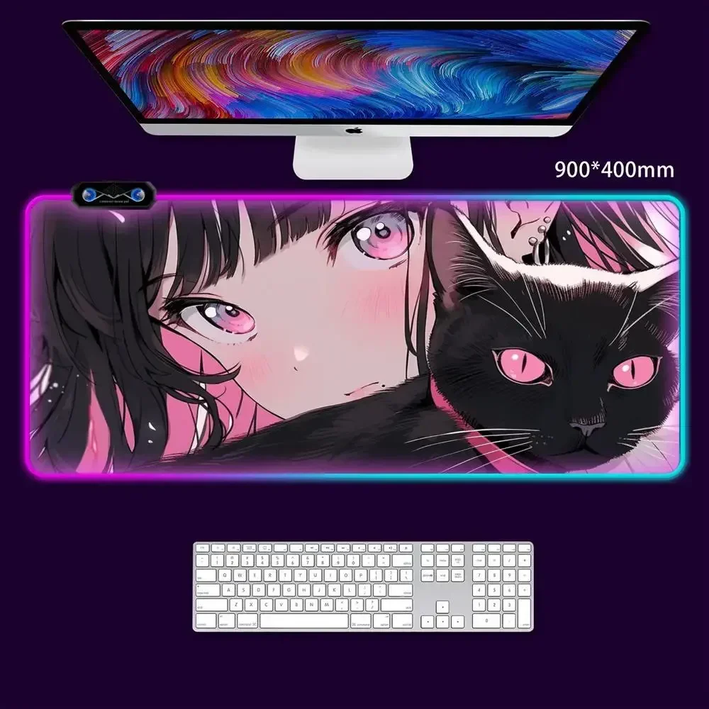 Anime Girls Rubber Mouse Pad, RGB Tablet, Laptop, XXL, Desktop, Cute HD Rainbow Gaming Keyboard, CSGO player, 90x40