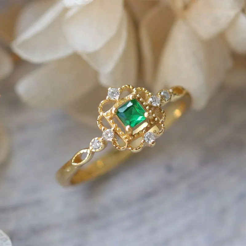 LAMOON 925 Sterling Silver Rings For Women Vingtage Synthetic Emerald Ring Gold Plated Jewelry Wedding Engagement Accessories