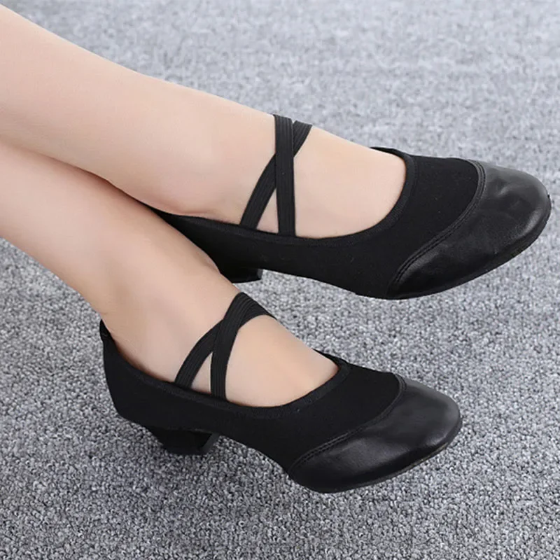 Teacher Dance Canvas Leather Ballet Shoes Square Low Heel Dancing Shoe Black/Red Girls Women's Shoes Teaching Practice