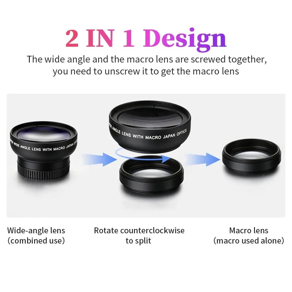 2 IN 1 Lens Clip Universal 37mm 0.45X 49uv Super Wide-Angle+12.5x Macro HD Lens For iPhone Android Mobile Phone Camera Lens Kit