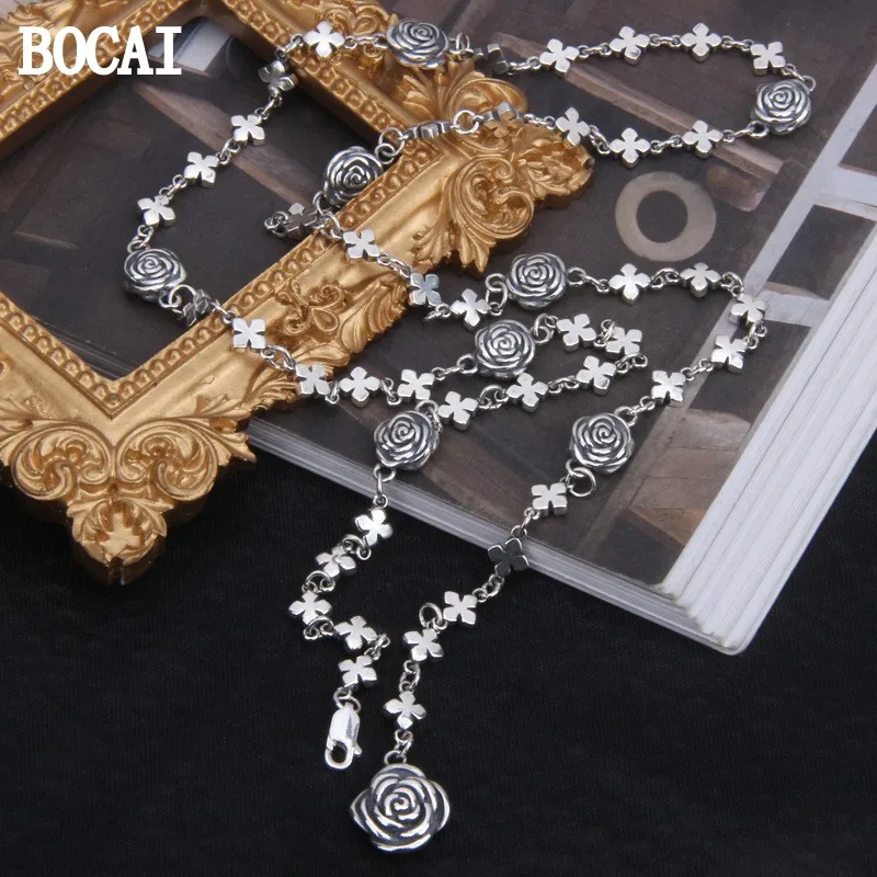 

BOCAI NEW S925 Sterling Silver Vintage Personalized Rose Cross Necklace Female Long Sweater Chain Flexible Buckle Positi