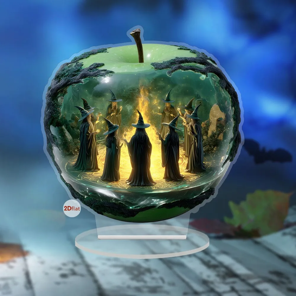 2D Acrylic Apple Shape Halloween Ornaments Landscape Pattern for Halloween Giving Christmas Crafts Gifts Desktop Home Decor