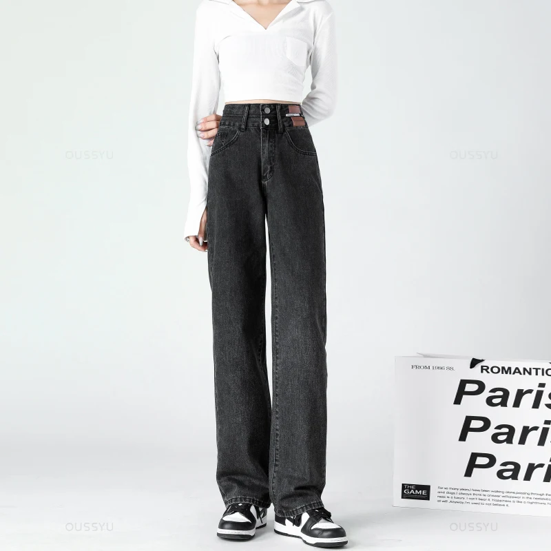 ﻿High Quality Cotton Woman Jeans High Waist Wide Leg Blue White Streetwear Vintage Straight Pants American Y2K Extended Trouser