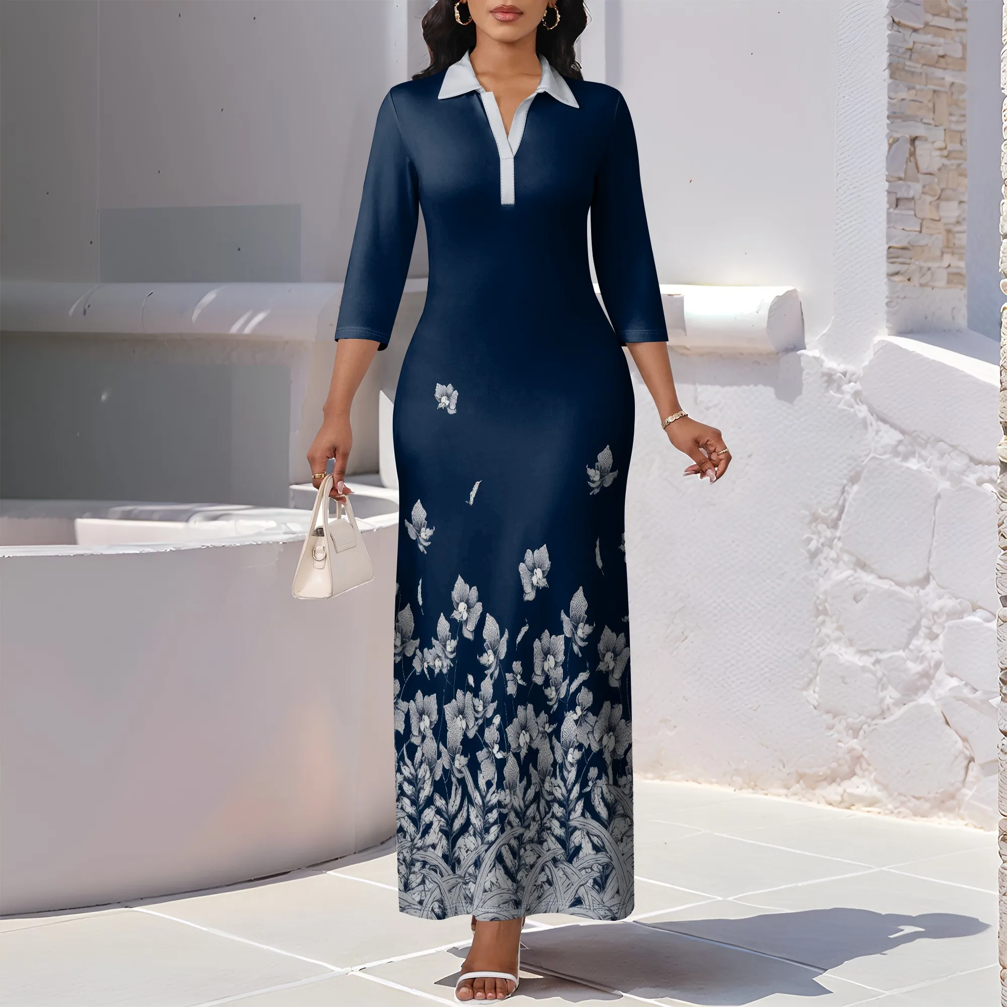 Nupusa Navy White Floral Print Dress for Women Regular Size Casual Shirt Collar 3/4 Sleeve Maxi Dress