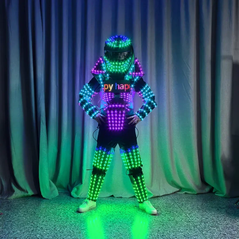 LED Luminous Men Warrior Armor Helmet Light Up Costume Nightclub DJ Robot Cosplay Tron Dance Wear Party Performance Suit