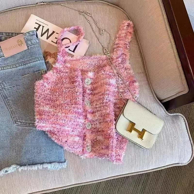 

Elegant Pink Silk Strap Vest Women's Summer Fashion Small Size Chic Top Label Removed Korean Style Slim Fit Short Sleeveless