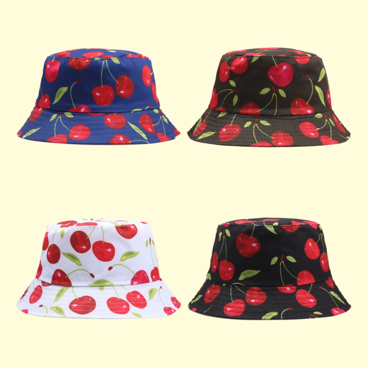 

Cute Cherry Pattern Print Bucket Hat for Men's and Women's Fresh Flat Top Fisherman's Hat Travel Hiking Fishing Sunshade Hat