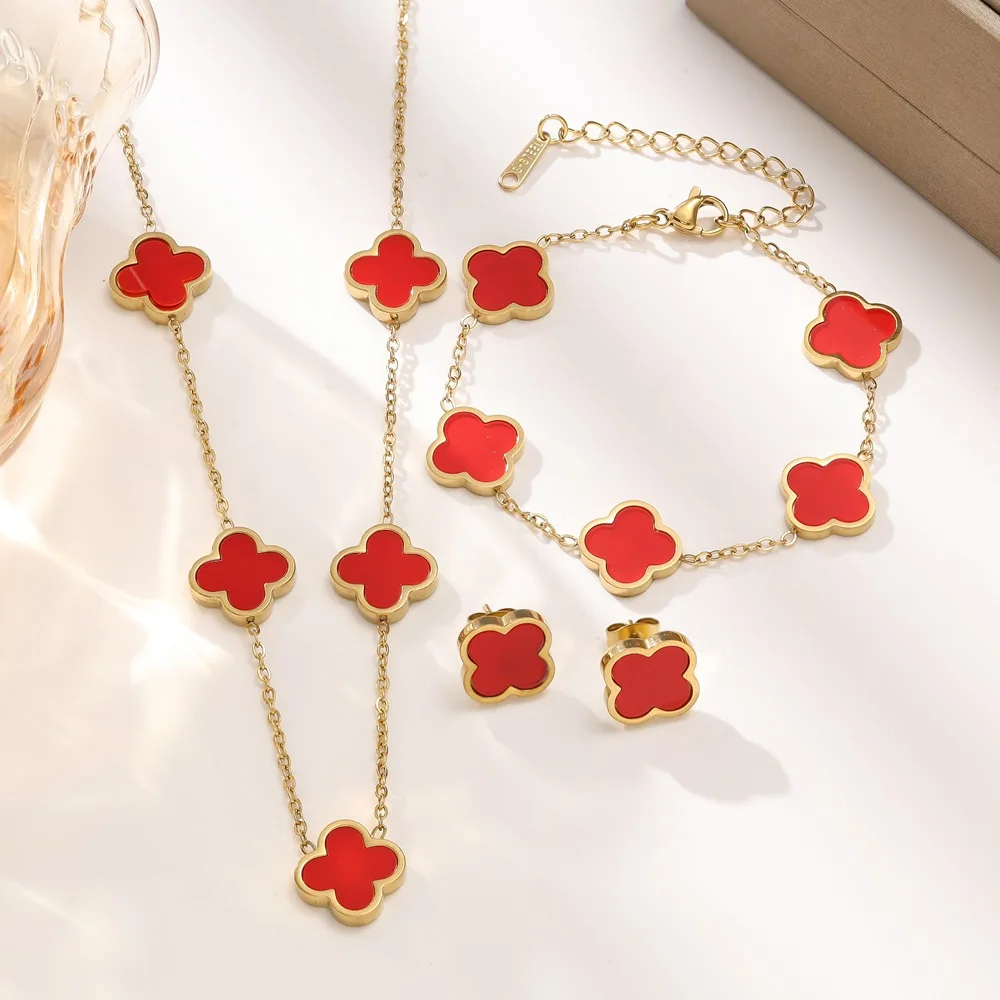 Fashionable And Elegant Luxury Stainless Steel Four-Leaf Clover Necklace And Bracelet Jewelry Set, Polished Flower Necklace image 3