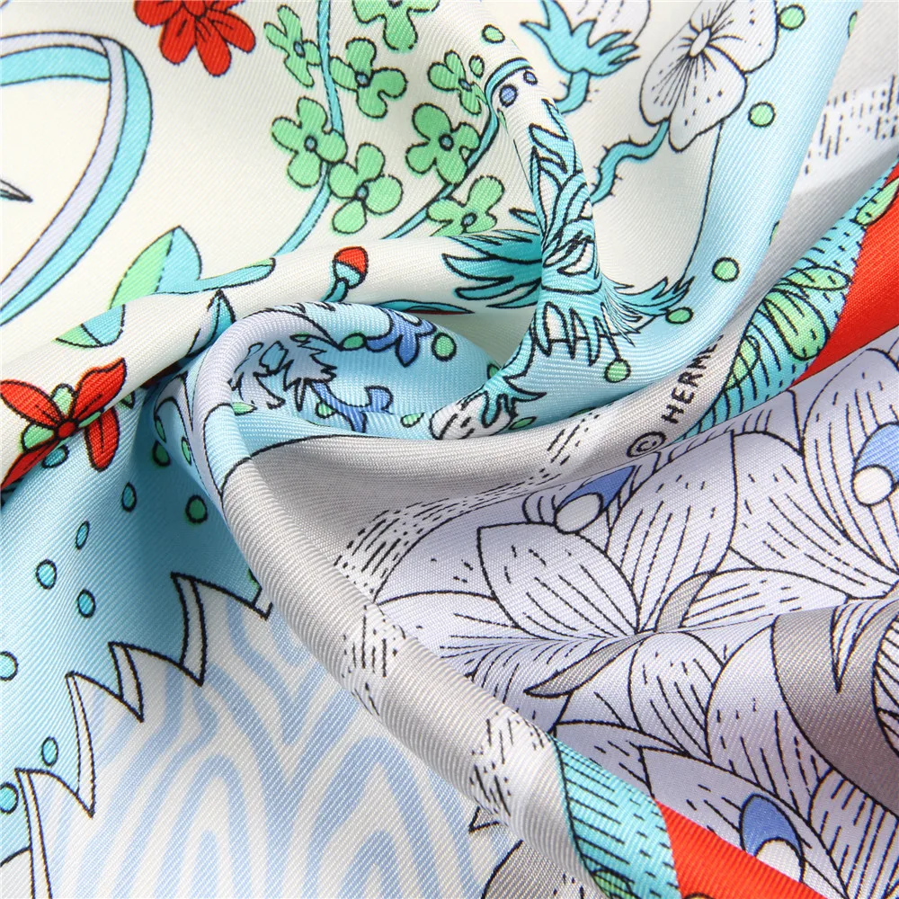 Manueller handgerollter Twill-Seidenschal für Damen, Konzertdruck, quadratische Schals, Wraps, Echarpes, gekräuselte Foulards, Femme, Bandana, Hijabs, 90 cm – Detail 9