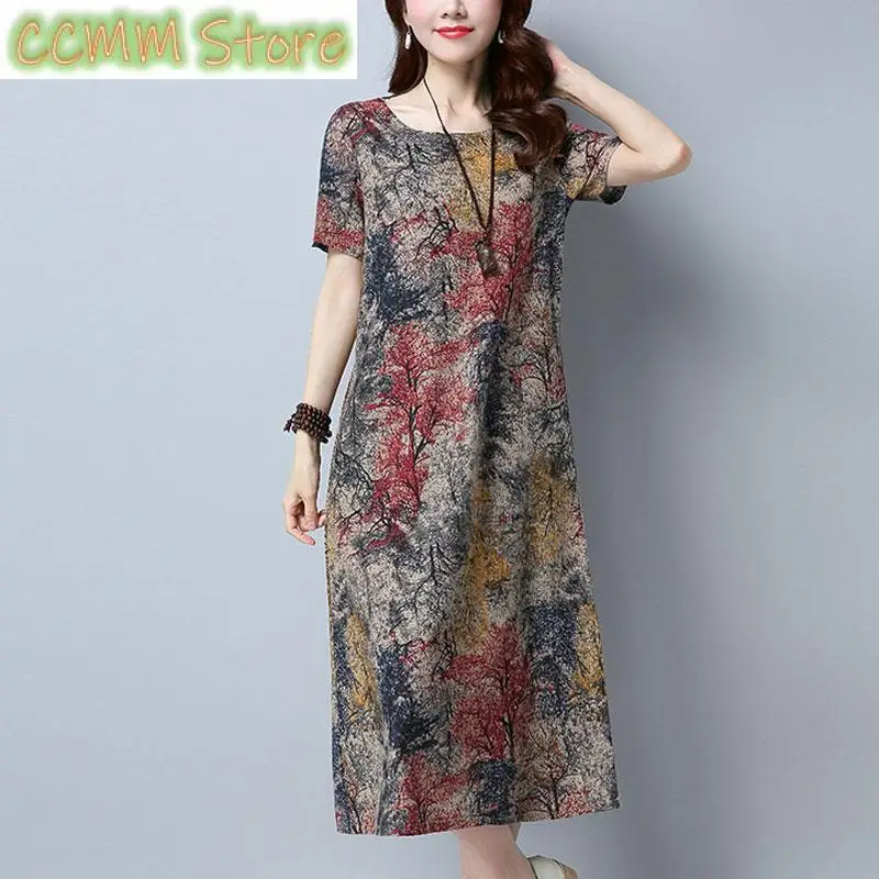 

Fashion Vintage Printed Dresses Folk Loose Pockets Spliced Women's Clothing Short Sleeve Summer A-Line Waist Midi Dress