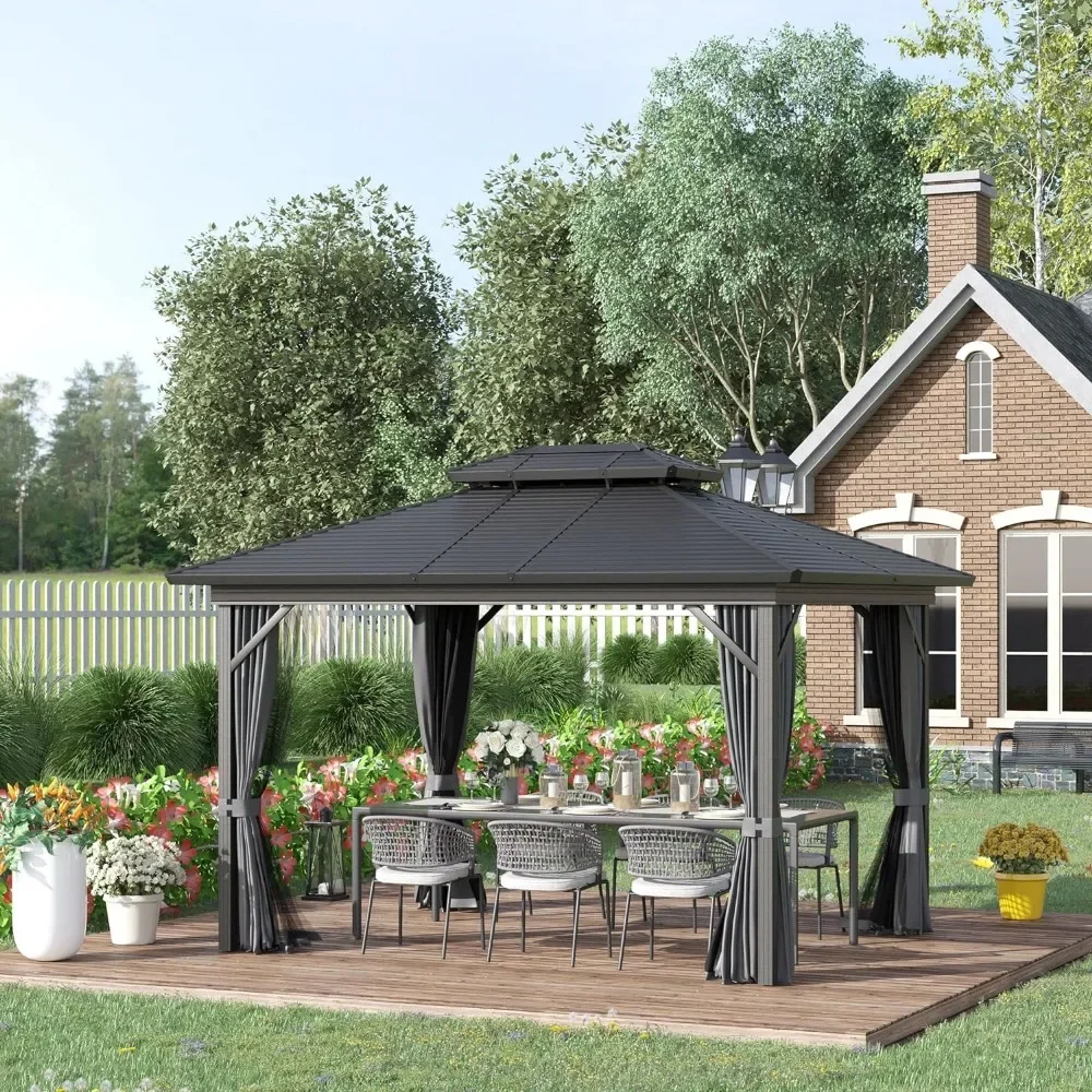 

10' x 12' Hardtop Gazebo with Curtains and Netting, Permanent Pavilion Metal Double Roof Gazebo Canopy ,Outdoor Gardens