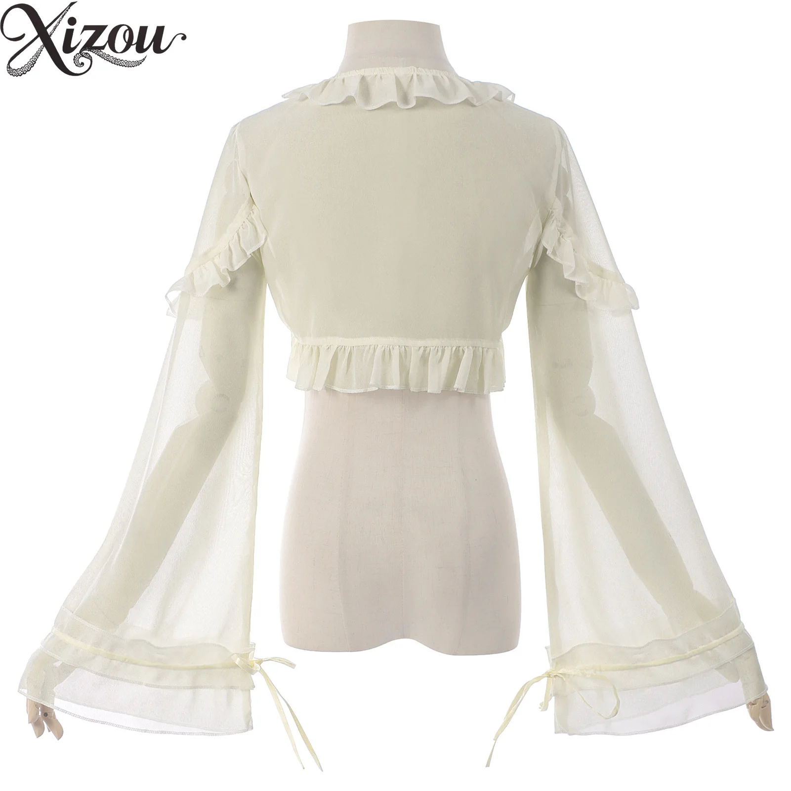 2025 قمصان لوليتا الحلو خمر الدانتيل يصل كشكش بوليرو القوس مضيئة كم اقتصاص بلوزة الفرنسية الجنية الصيف المرأة الأبيض رقيقة بلوزة #4