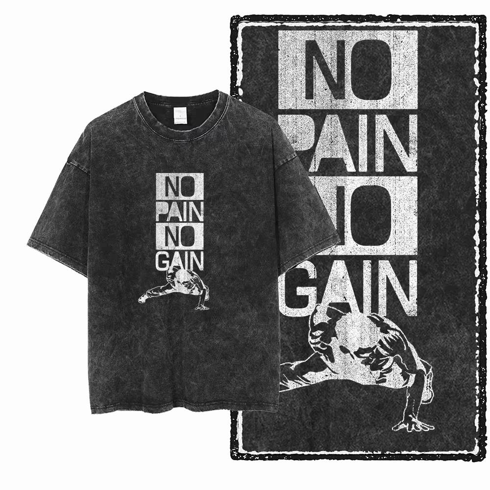 Camiseta Vintage Lavada para Hombre y Mujer, para Gimnasio y Fitness, con Gráfico de Bulldog Esqueleto Musculoso 'No Pain No Gain', Estilo Urbano