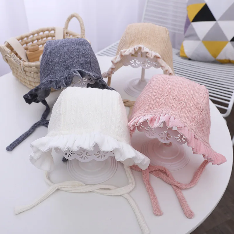 Lace Infant Hats Spring Girl Baby Bonnet Hat Solid Color Cotton Newborn Ear Protection Warm Cap