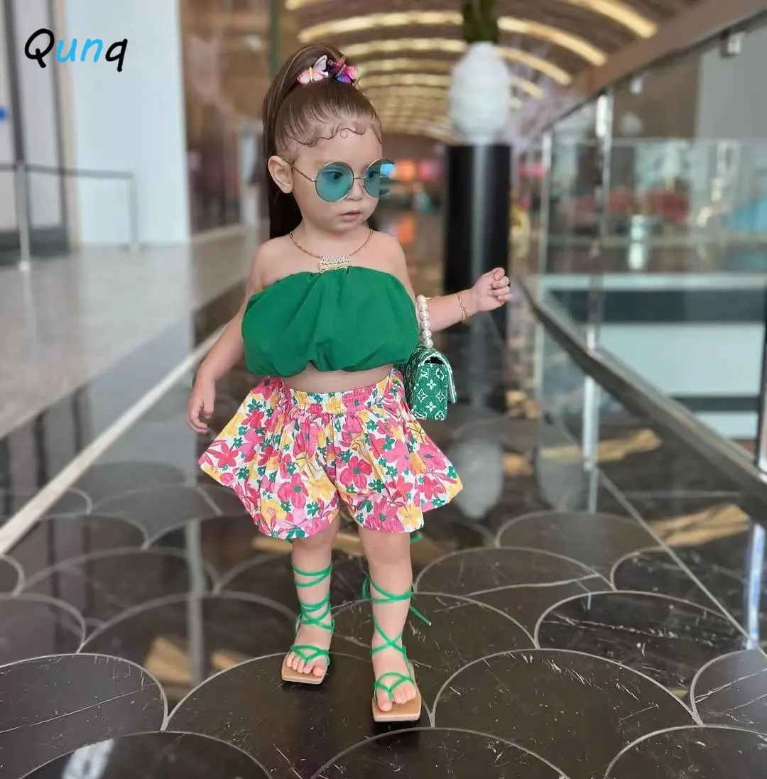 Qunq 2023 Summer New Girls Fashion Strapless Lovely Pullover Crop Top + Floral Shorts 2 Pieces Set Casual Kids Clothes Age 3T-8T