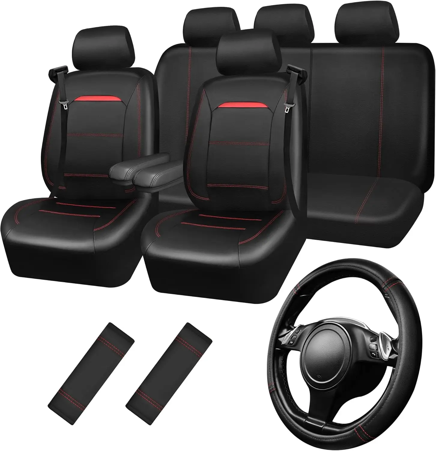 

Leather Car Seat Cover Full Set with Steering Wheel & Pads for Trucks SUV, Black Red Combo