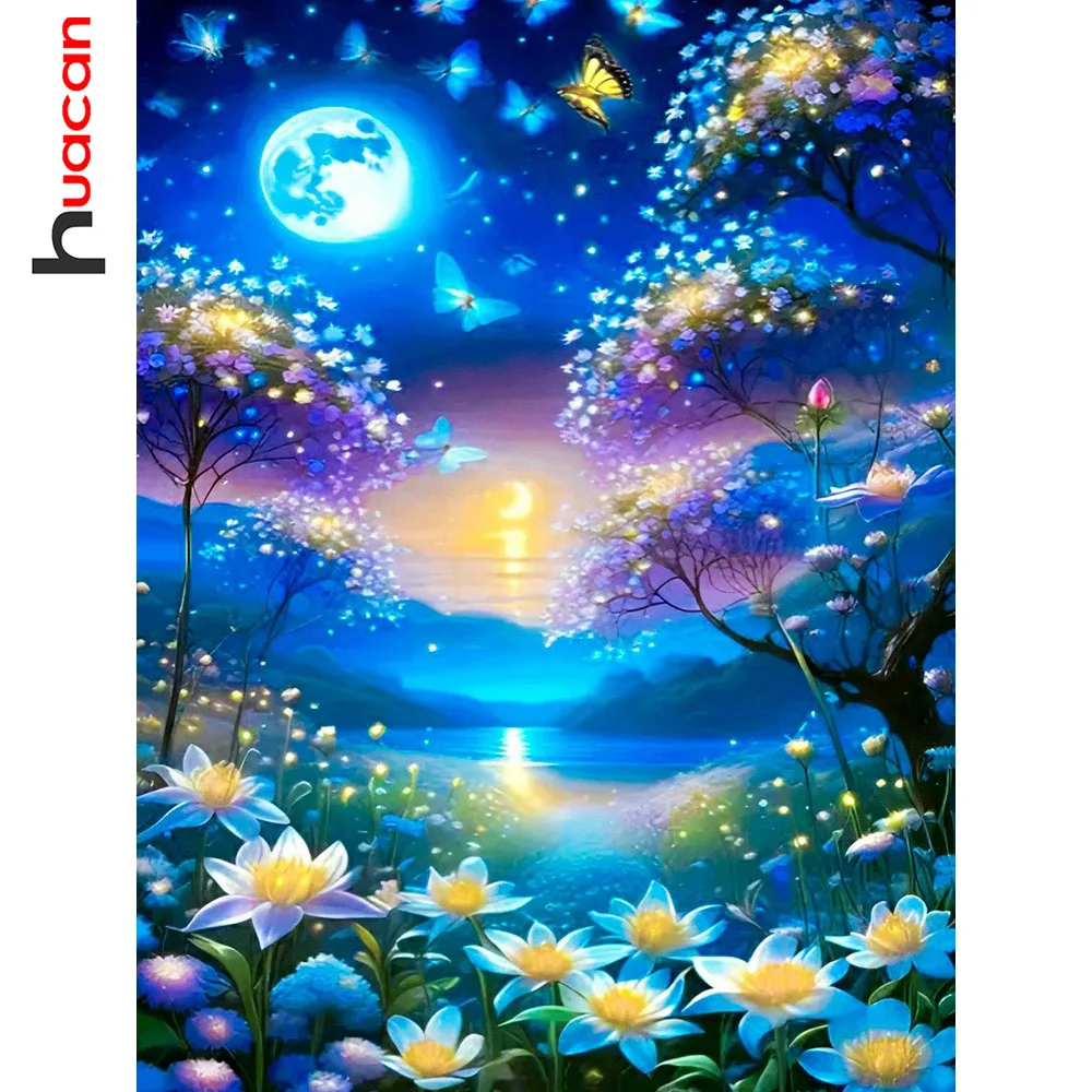 Huacan Diamantgemälde, Mond, Fluss, Blume, Diamantmosaik, Landschaft, neue Kollektion 2025, Bild von Strasssteinen