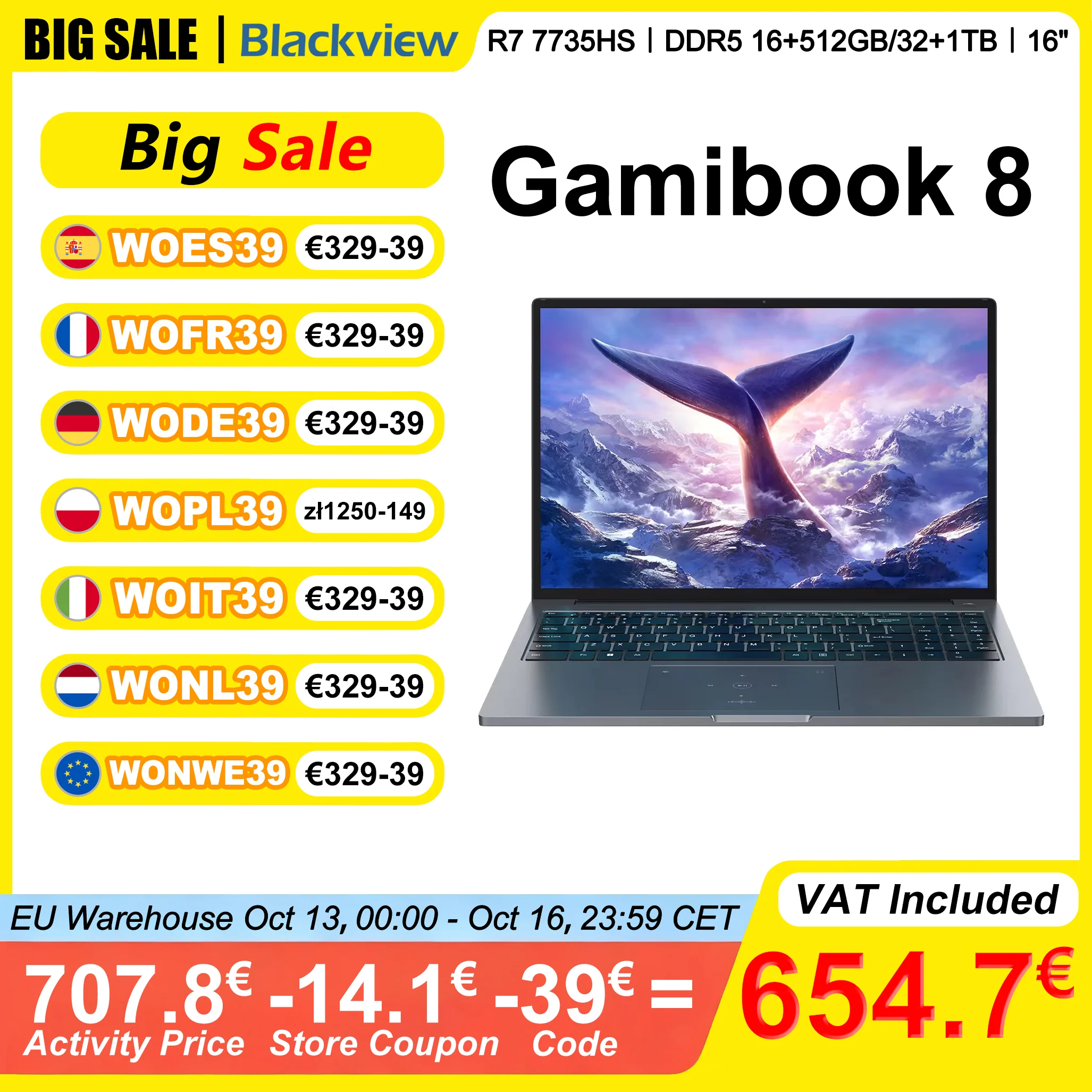 Blackview ‎ GamiBook 8 Laptop 16 Zoll AMD R7 7735HS DDR5 16GB/32GB RAM 512GB/1TB ROM Windows 11 Pro BT5.2 Wifi6