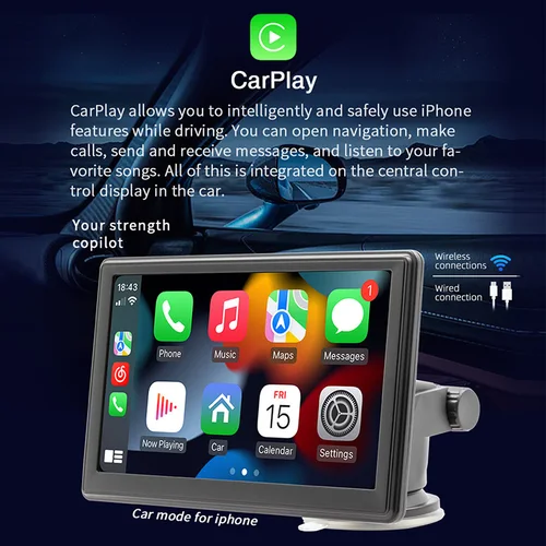 Imagen 2 del producto Reproductor portátil MP5 Universal HD de 7 pulgadas para coche, inalámbrico, Carplay, Android, Auto Mirrorlink, BT, USB, transmisión FM, Monitor de Radio estéreo