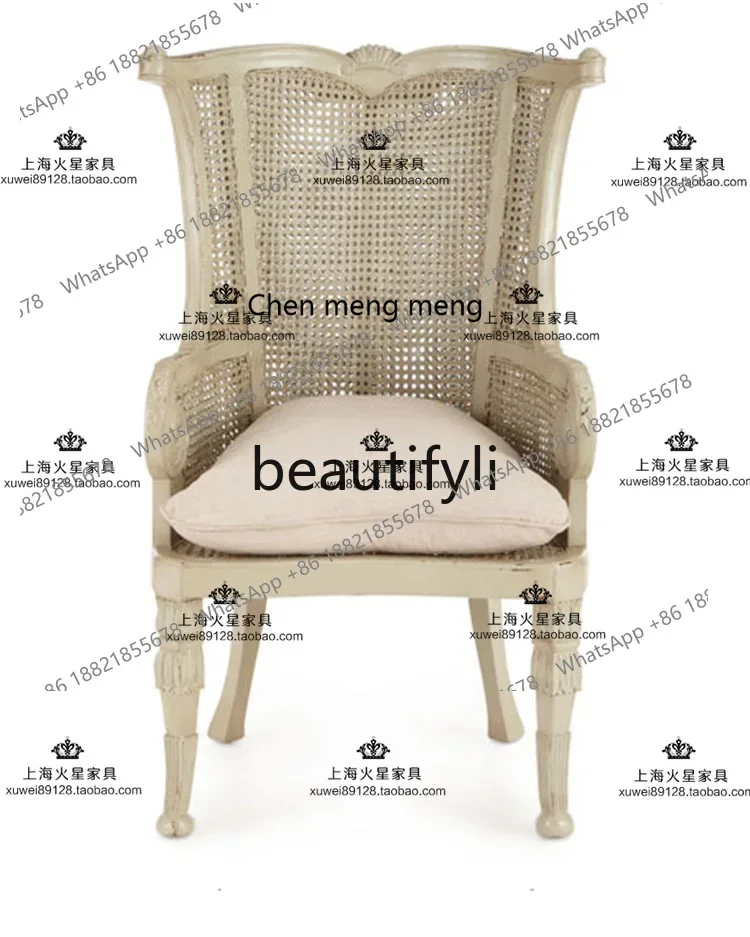 American solid wood antique rattan sofa chair, French European simple high-back tiger chair2936
