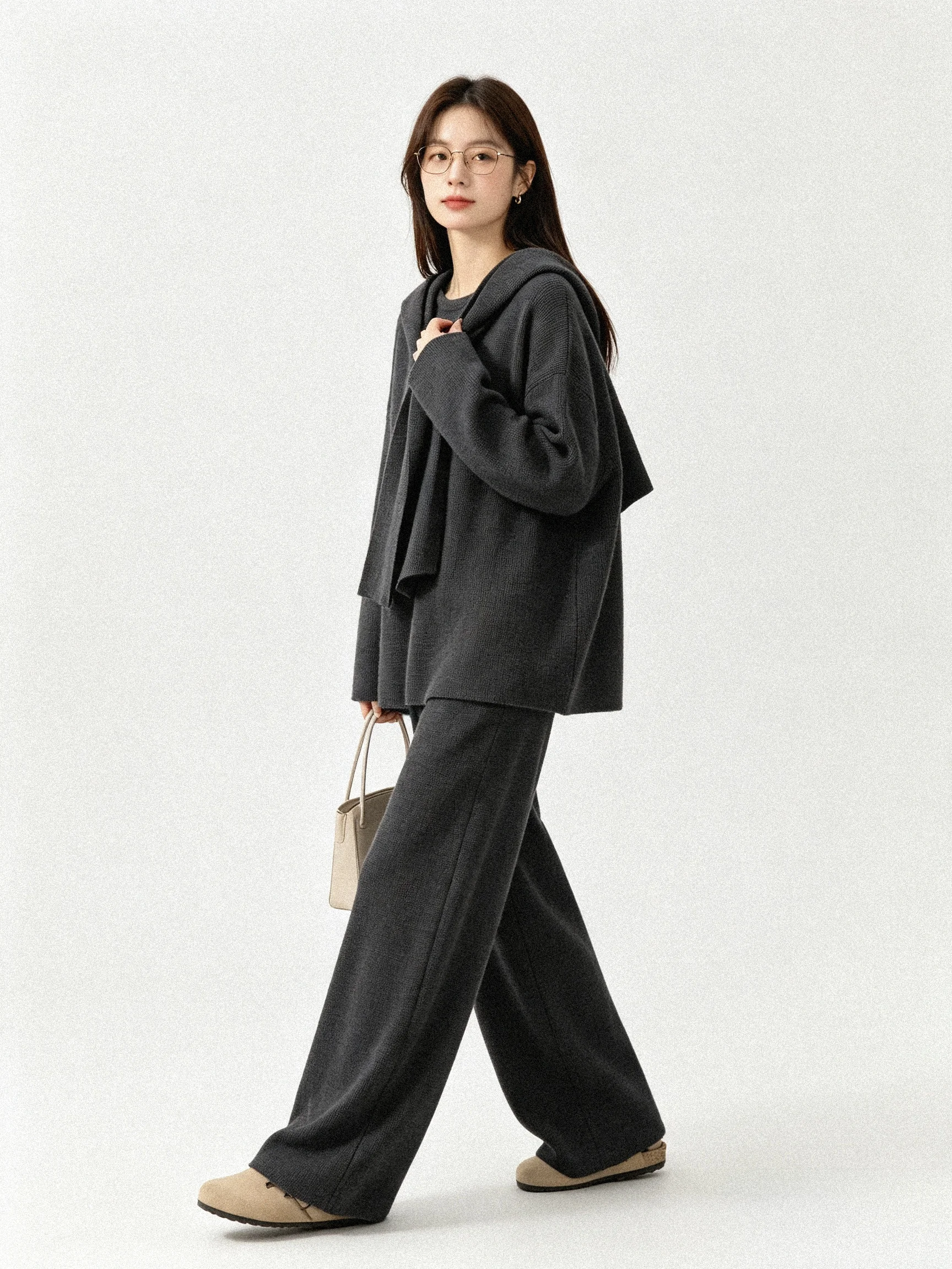 Korean Style Casual Knitted Sweater Set with Shawl Versatile Lazy Slimming Autumn Collection Breathable High Waist Pants