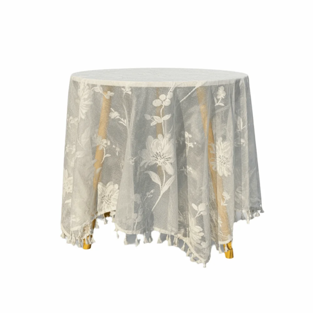 French Style Vintage Pompom Tassel Tablecloth Dust-Proof Round Lace Tablecloth Household Cotton French Table Cover Decor Picnic