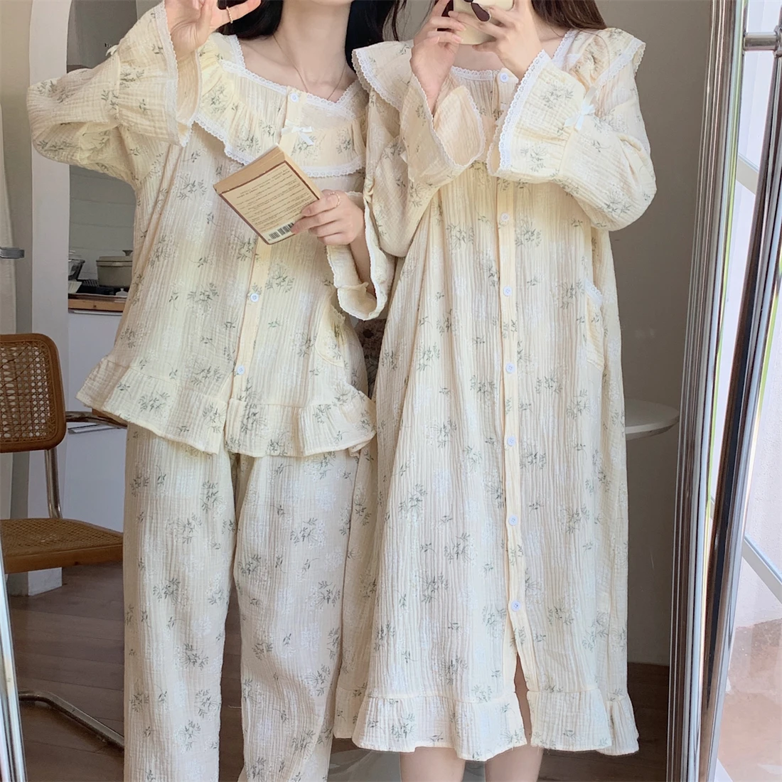 Print Home Spring Long Sleeve Pajamas Set Women NightDress Fashionable Korean Kawaii Simple Elegant Casual Princess Two Piece