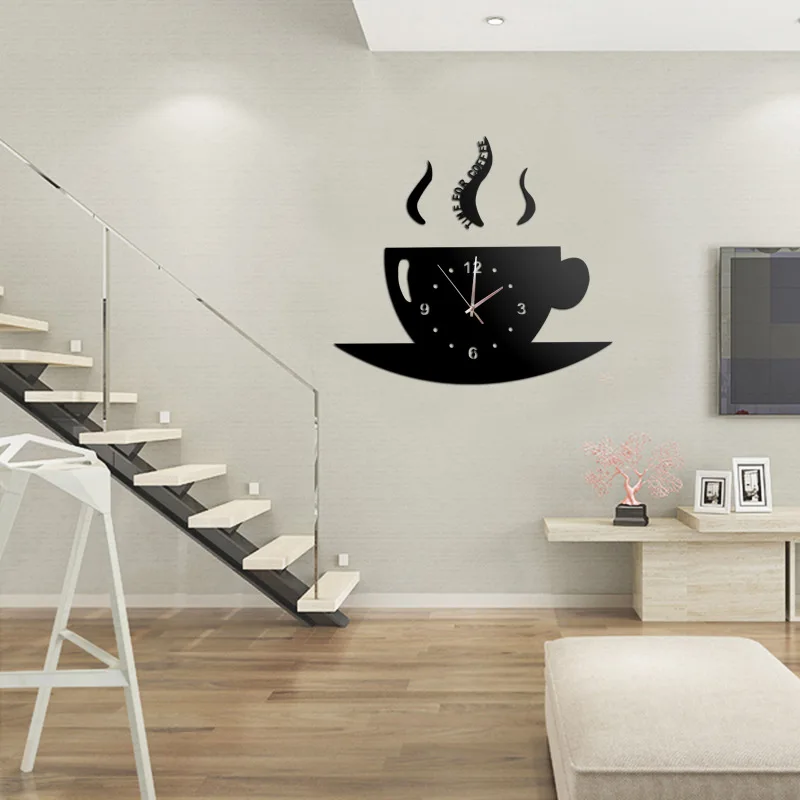 

Creative DIY Acrylic Mirror Wall Clock with Coffee Mug Decal, Modern Minimalist Silent Quartz Wall Decor