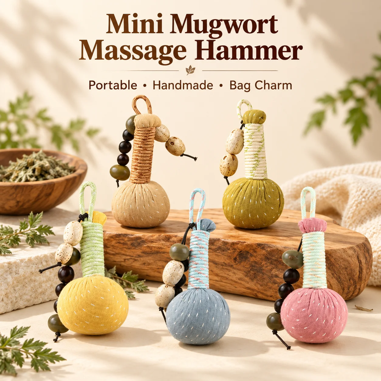 Mini Mugwort Massage Hammer Portable Herbal Relaxation Tool Handmade Bag Charm Keychain Natural Wellness Gift