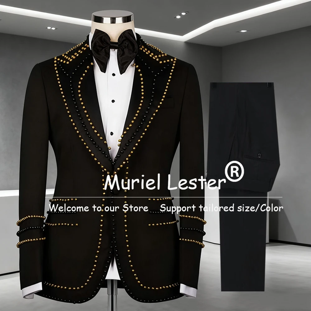 

Gold Pearls Beaded Suits Men Single Breasted Prom Blazers Customized 3 Pieces Groom Formal Wedding Tuxedos trajes para hombre