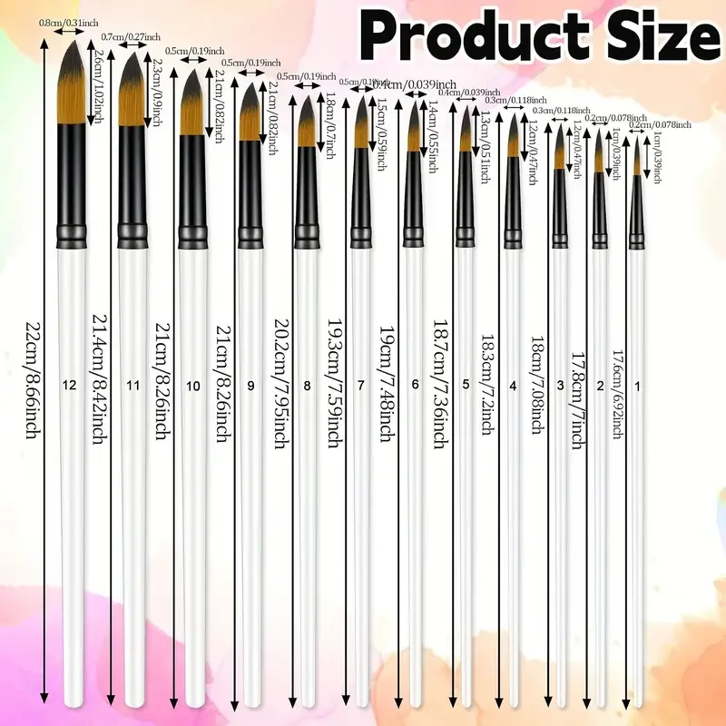 12pcs Round Paint Brush Set - Professional Nylon Bristles for Watercolor, Acrylic, Oil Painting, Face & Body Art, Nail Designs