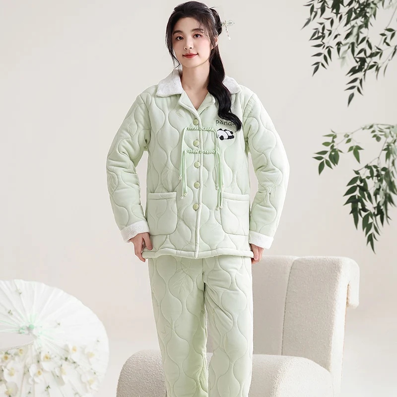 Newest Winter Women Three Layer Clip Cotton Pijama Female Thick Turn-down Collar Sleepwear