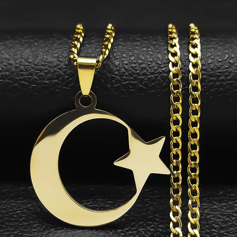 Muslimische Islamische Halbmond-Stern-Halskette aus Edelstahl für Frauen, Goldfarben Anhänger-Halskette, Amulett-Schmuck Geschenk – Detail 10