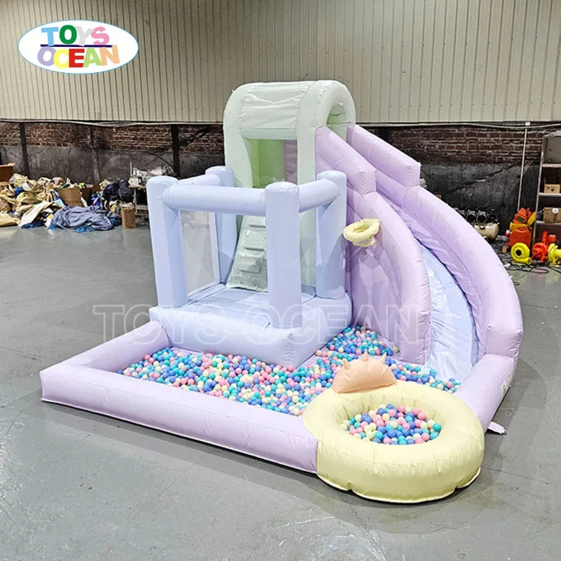 Pastel Purple Inflatable Bounce House Combo with Slide & Ball Pit, Kids Macaron Bouncy Castle for Party
